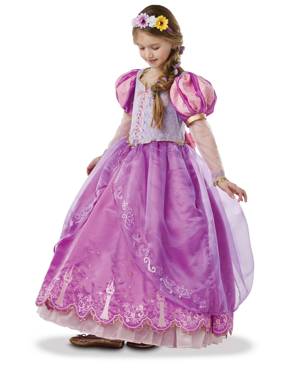 Sběratelský kostým princezna Rapunzel pro dívka fialová a růžová se čelenkou s květinami
