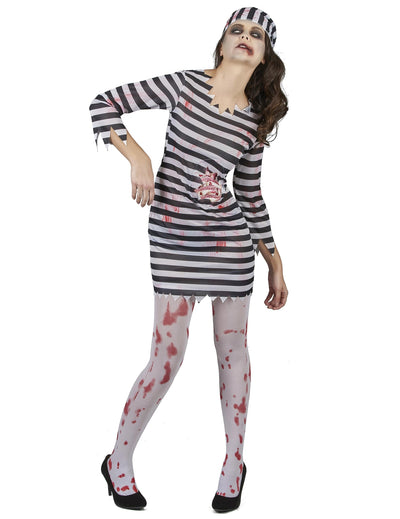 Déguisement de prisonnière zombie pour femme rayé noir et blanc ensanglanté