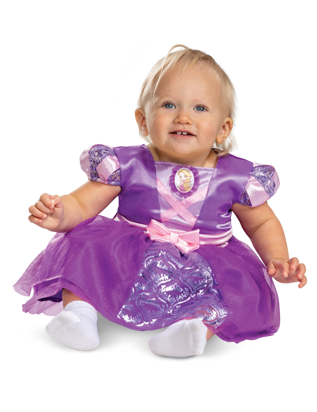 Déguisement Raiponce pour fille violet et rose avec jupon en tulle brillant