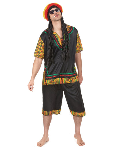 Déguisement rasta pour homme noir avec motifs multicolores et bonnet à dreadlocks
