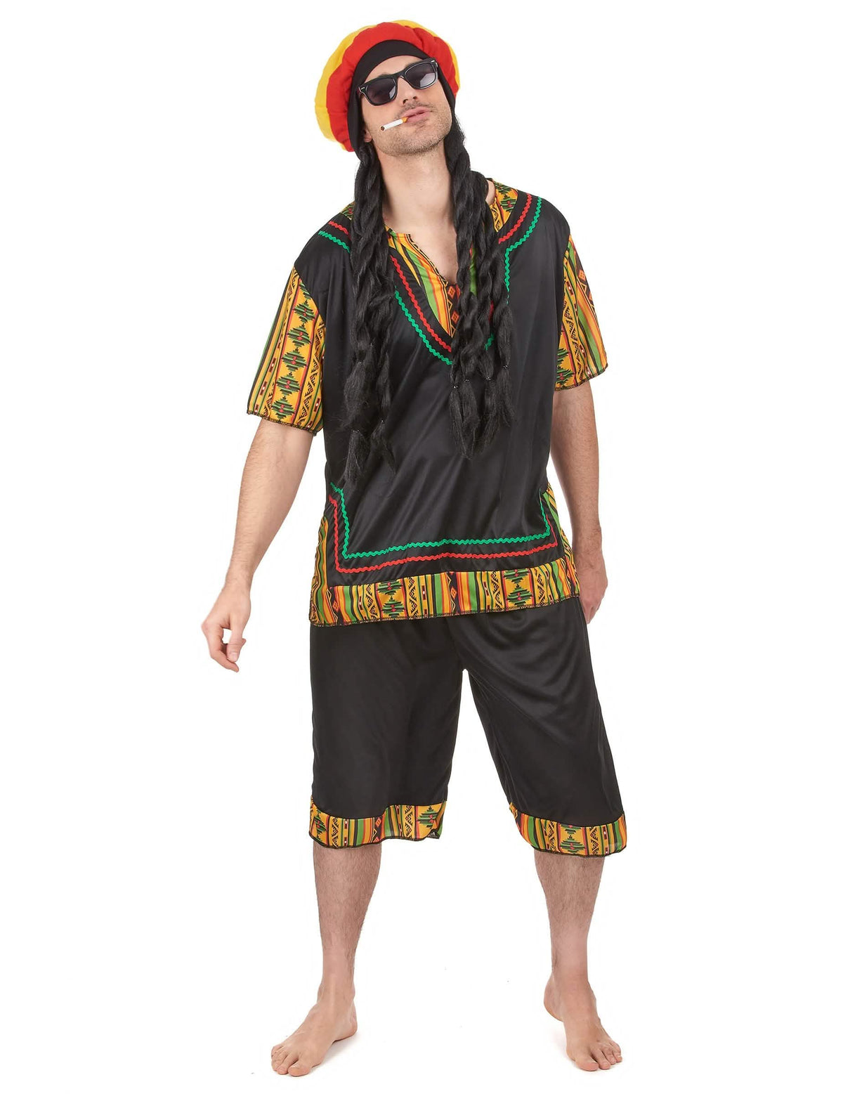 Kostým rastafariána pro černý muž s vícebarevnými motivy a čepicí s dredy
