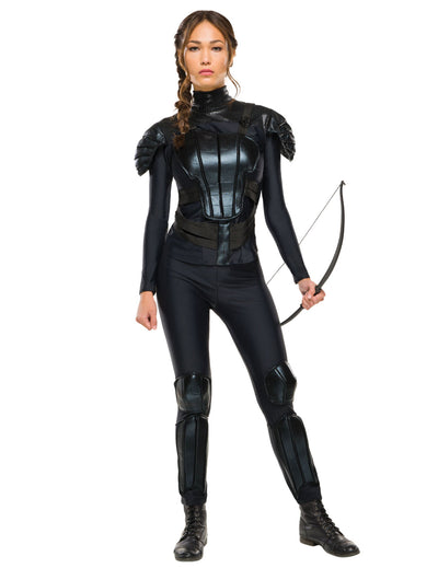 Déguisement rebelle Katniss Hunger Games™ pour femme noir avec armure et arc
