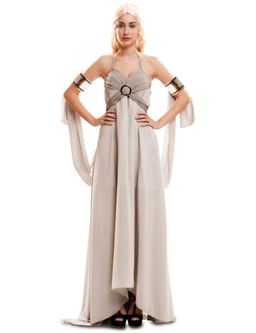 Déguisement reine des dragons glamour pour femme gris clair avec brassards