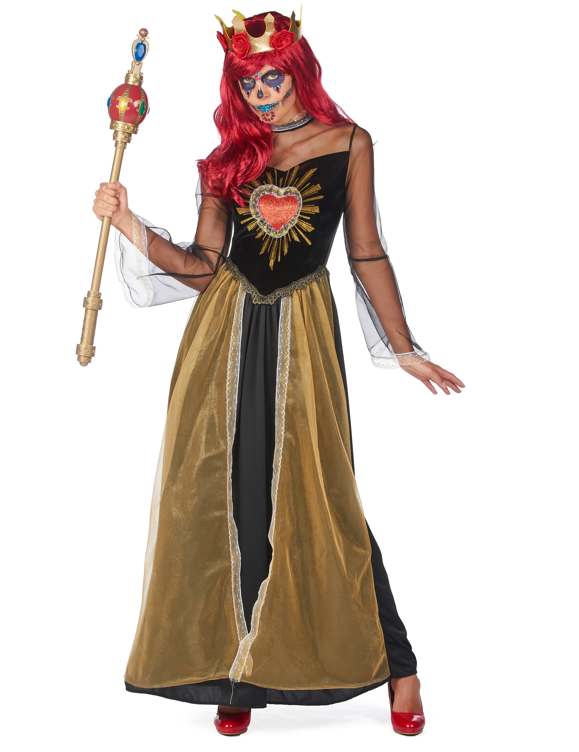Sceptre et vue d'ensemble du déguisement reine du Dia de los muertos pour femme