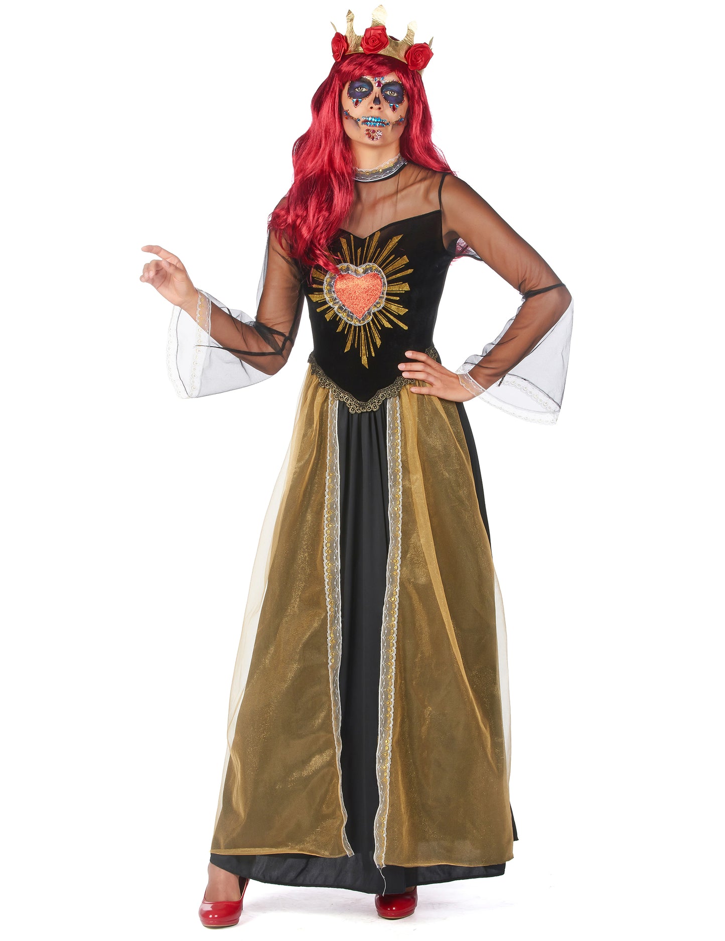 Vue de face de la robe du déguisement reine du Dia de los muertos pour femme