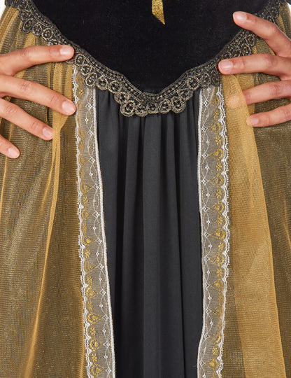 Détail de la dentelle et de la jupe dorée du déguisement reine du Dia de los muertos pour femme