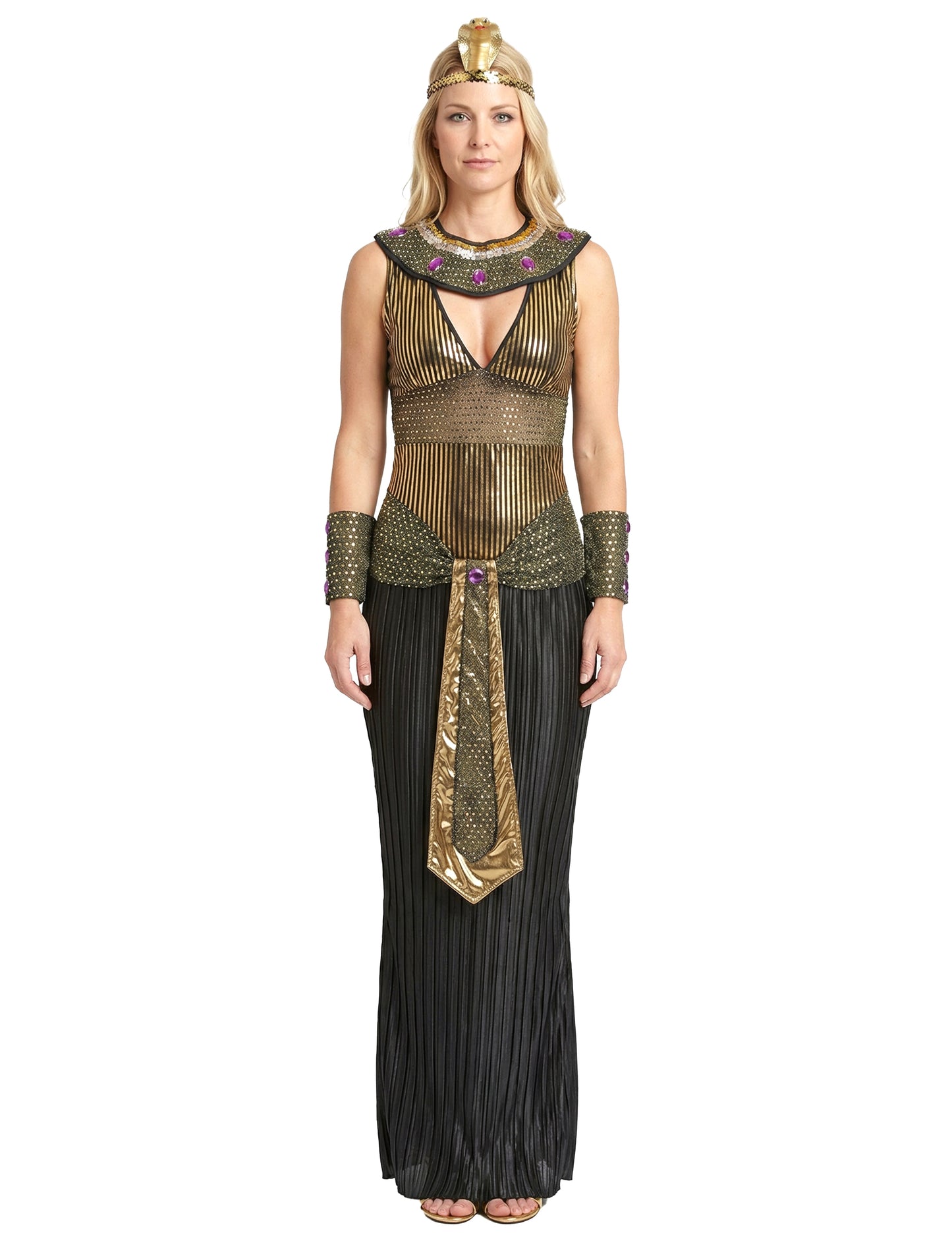 Pohled zepředu na kostým královny Nilu Egypta