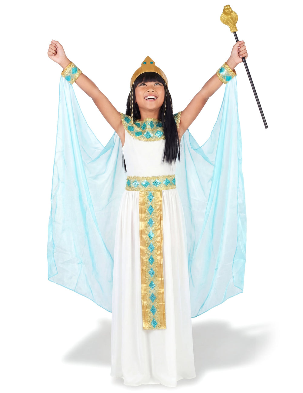 Vue de face bras levés avec voile du déguisement de reine égyptienne pour fille