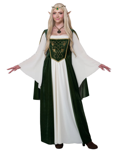Déguisement de reine elfique pour femme vert et blanc avec manches évasées