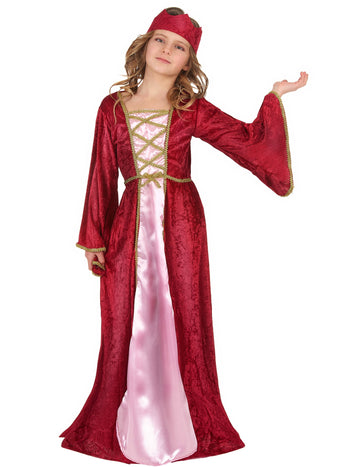 Déguisement reine médiévale pour fille rouge et rose avec dorures
