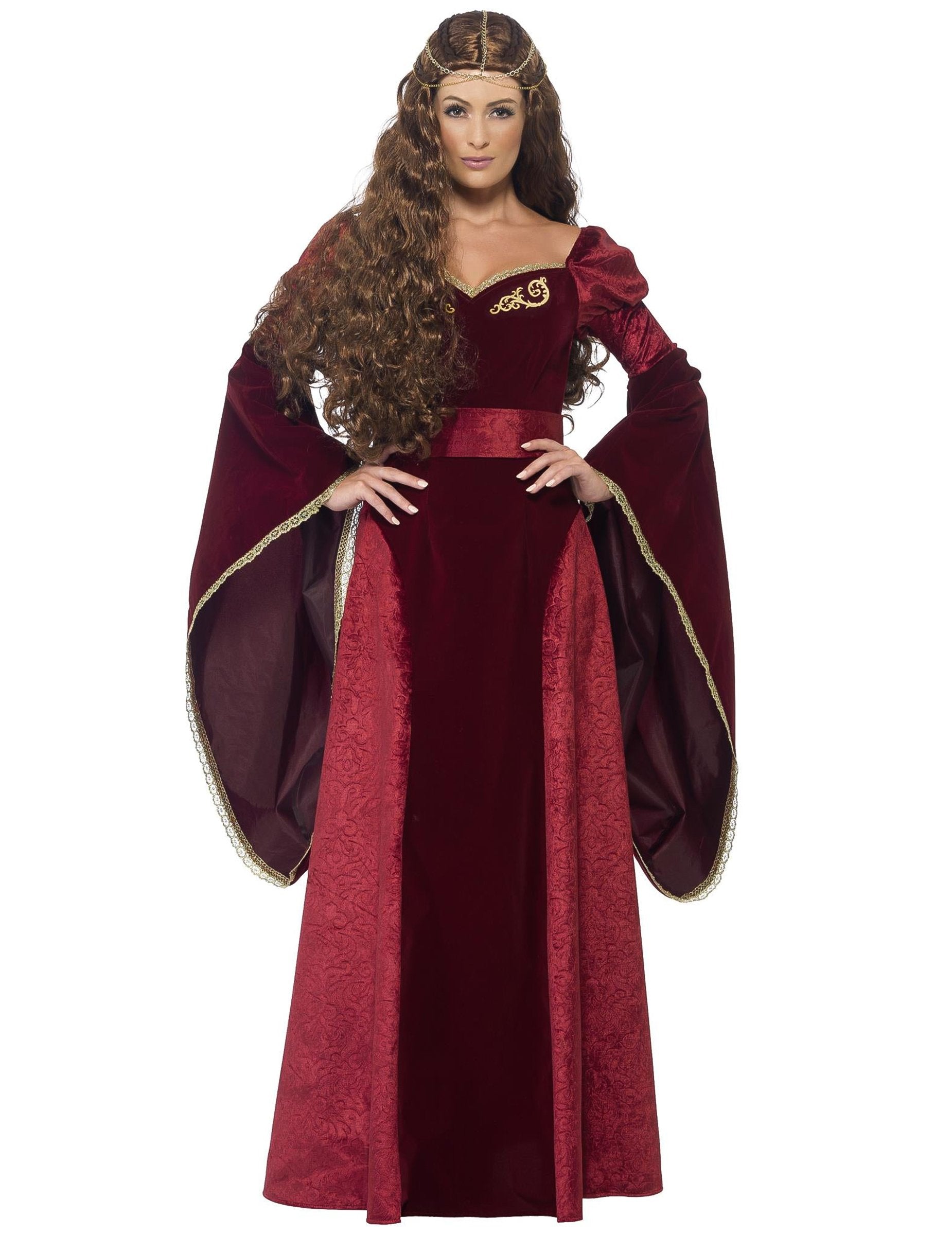 Červený středověký královský kostým pro ženy se zlatými detaily