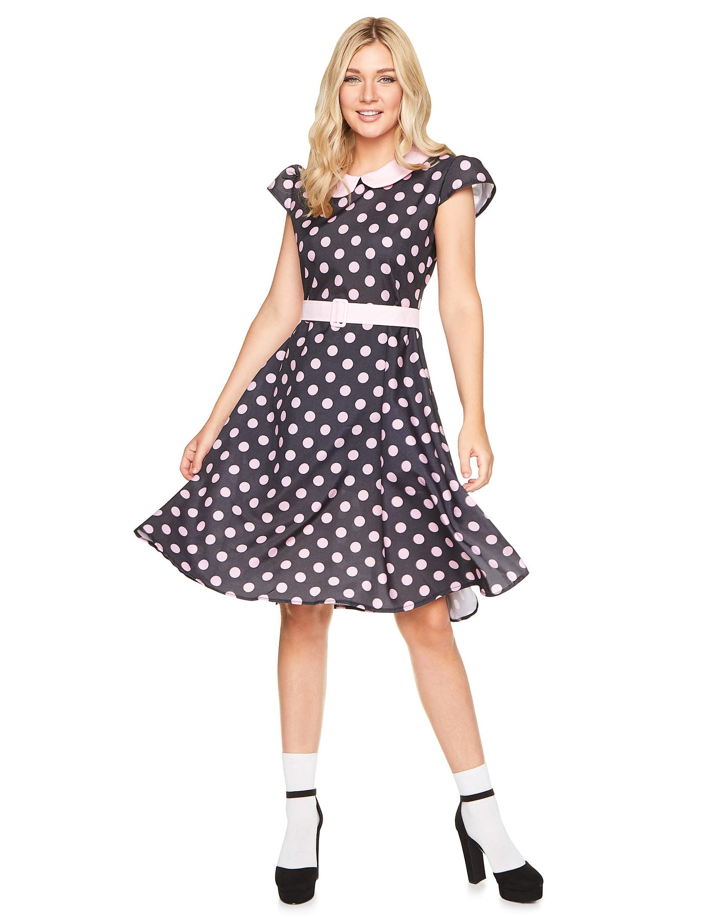 Déguisement robe 50's à pois roses pour femme noire avec col et ceinture roses