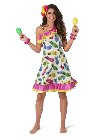 Kostümkleid mit Ananasmuster für Damen, weiß und mehrfarbig, mit Rüschen