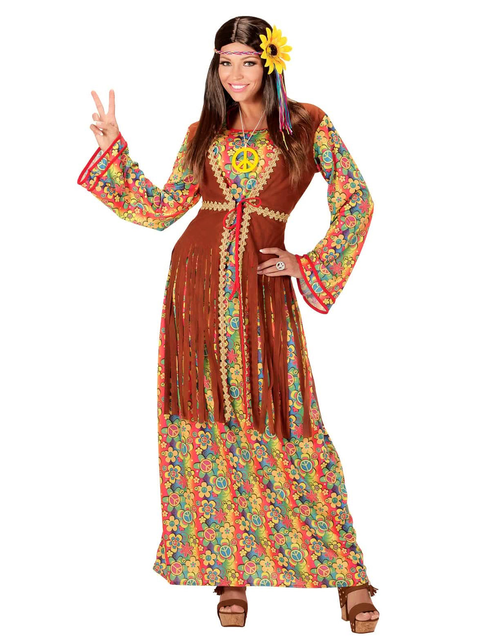 Kostým dlouhé hippie šaty s třásněmi pro ženu vícebarevné a hnědá