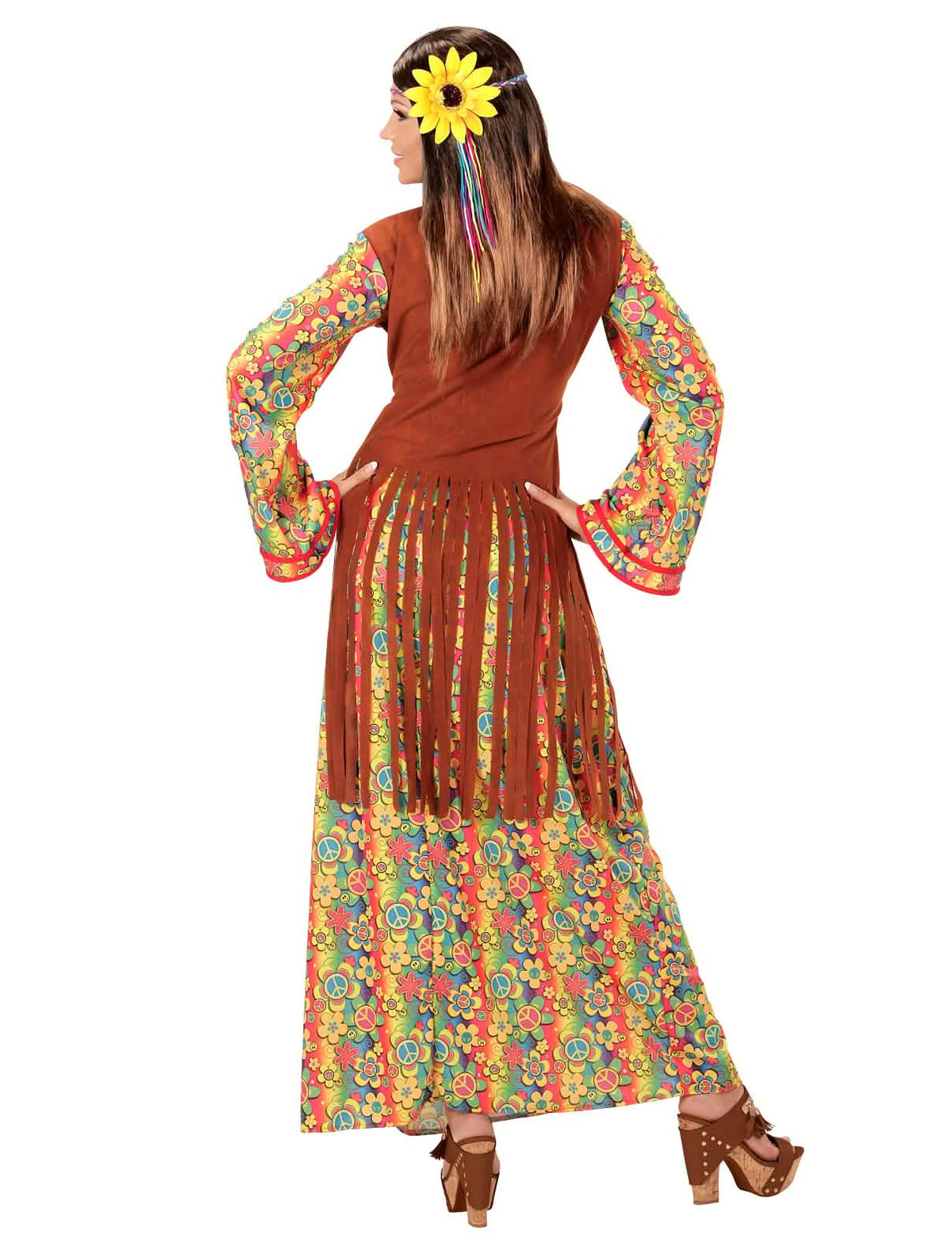 Pohled zezadu na dámský dlouhý hippie kostým s třásněmi ve stylu šatů