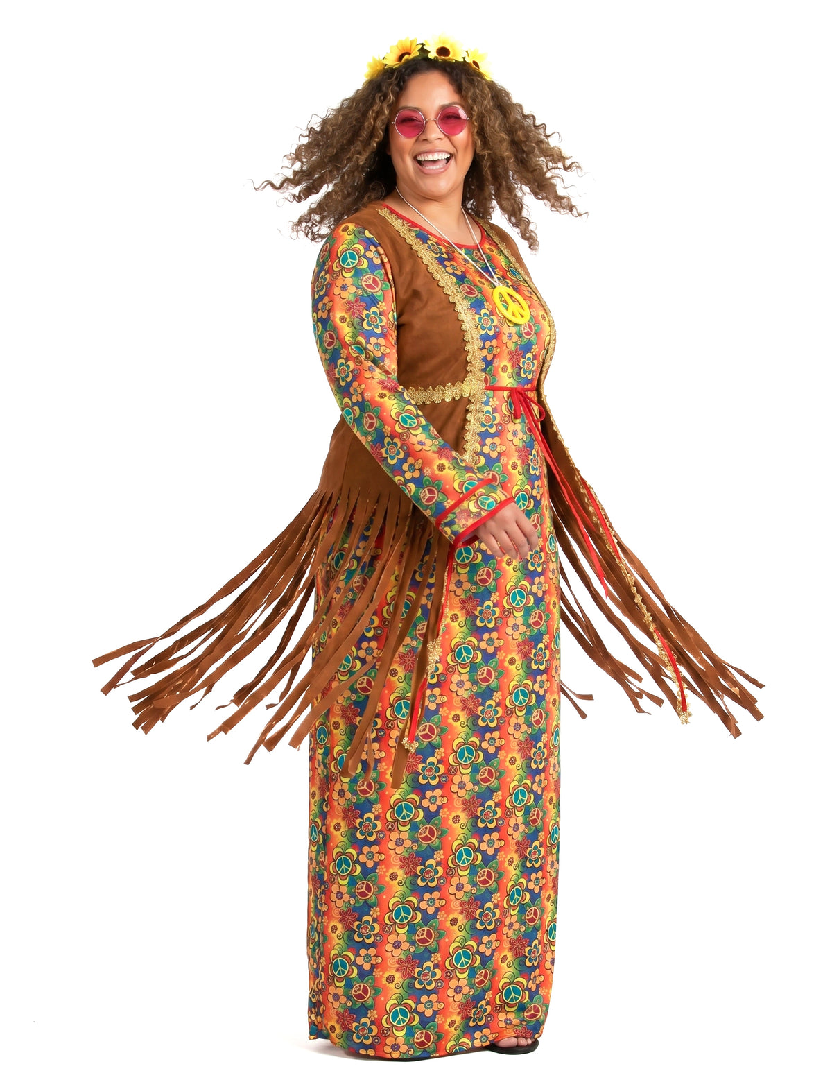 Dámský dlouhý hippie kostým s třásněmi pro větší velikosti