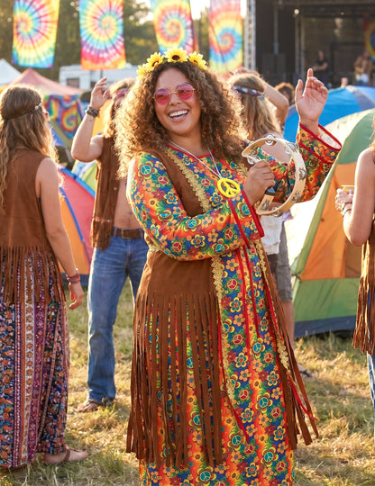 Dámský dlouhý hippie kostým s třásněmi pro větší velikosti
