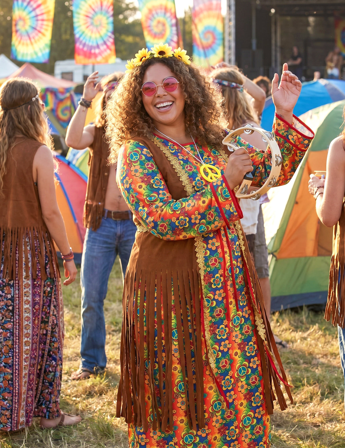 Dámský dlouhý hippie kostým s třásněmi pro větší velikosti