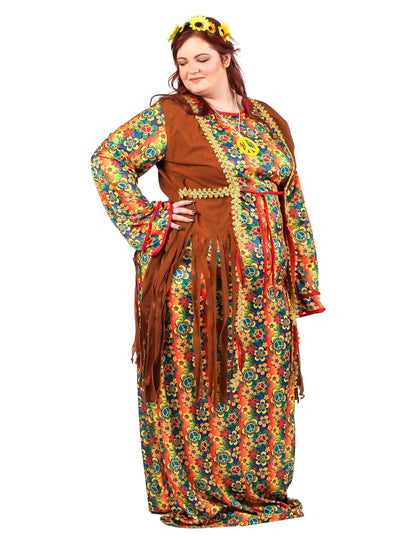 Déguisement robe longue hippie à franges grande taille femme