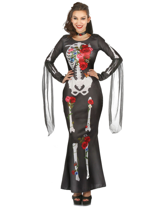 Déguisement robe squelette Dia De los Muertos pour femme noire avec fleurs rouges