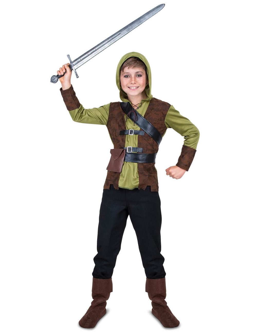 Čelní pohled s pozvednutým mečem na kostým Robin Hood pro chlapec
