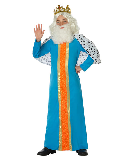Déguisement de roi mage pour enfant bleu avec cape blanche à pois noirs et couronne dorée