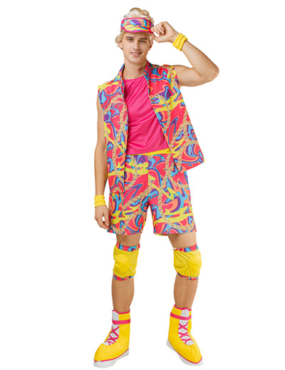 Déguisement roller boy pour homme fluo multicolore avec gilet short et visière