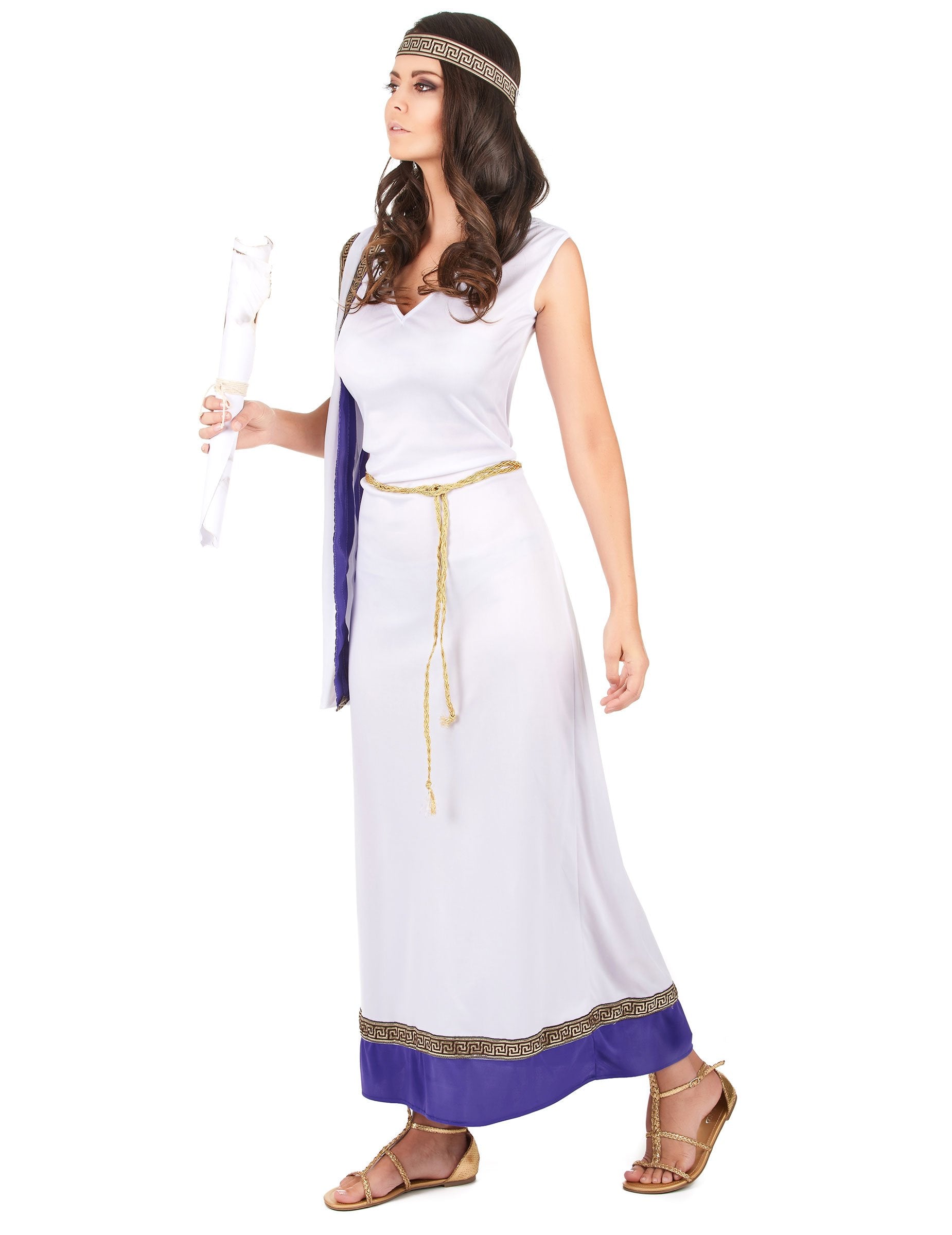 Déguisement Romaine longue pour femme blanc et violet avec détails dorés