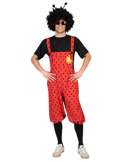 Déguisement salopette coccinelle avec fleur pour adulte rouge à pois noirs
