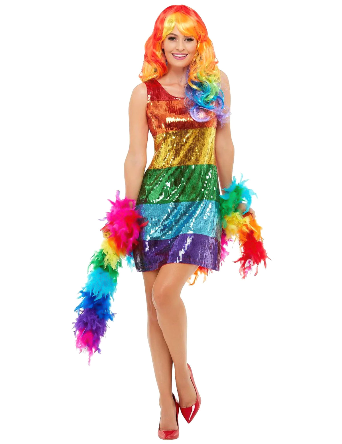 Déguisement sequins arc-en-ciel pour femme multicolore avec boa à plumes
