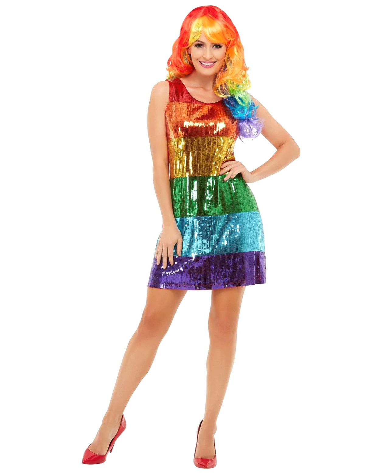 Vue de face du déguisement sequins arc-en-ciel pour femme