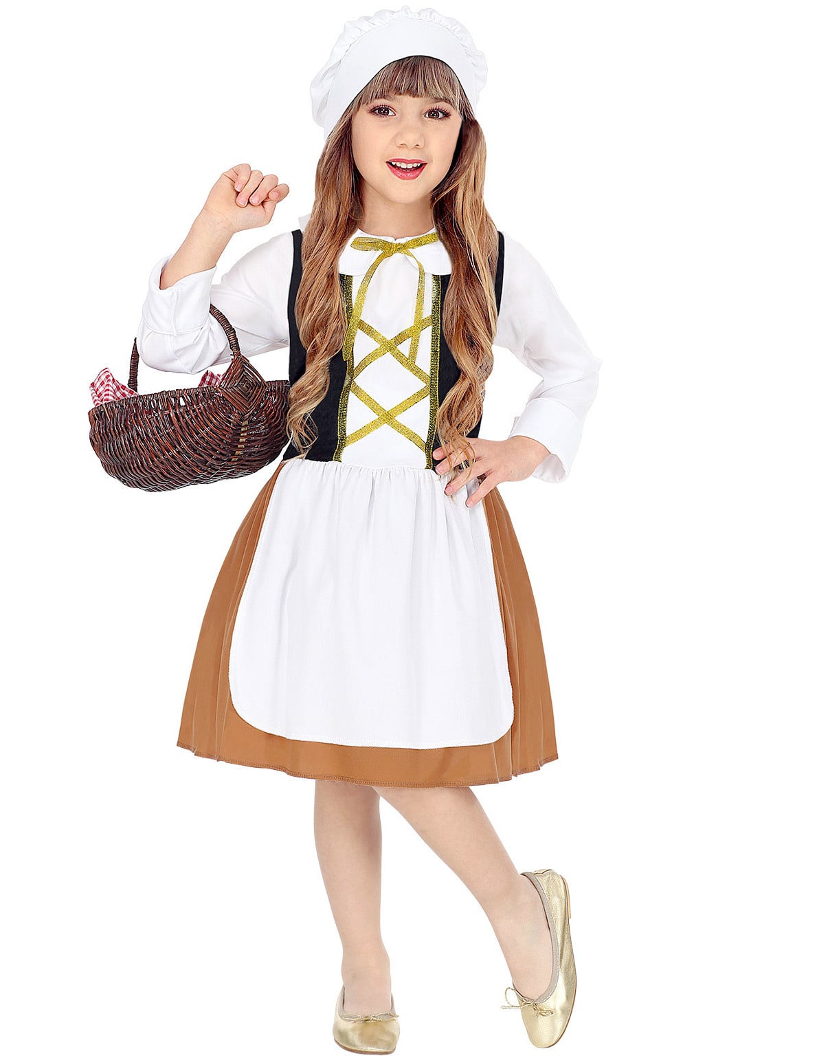 Déguisement servante du Moyen-Age pour fille marron et blanc avec tablier et coiffe
