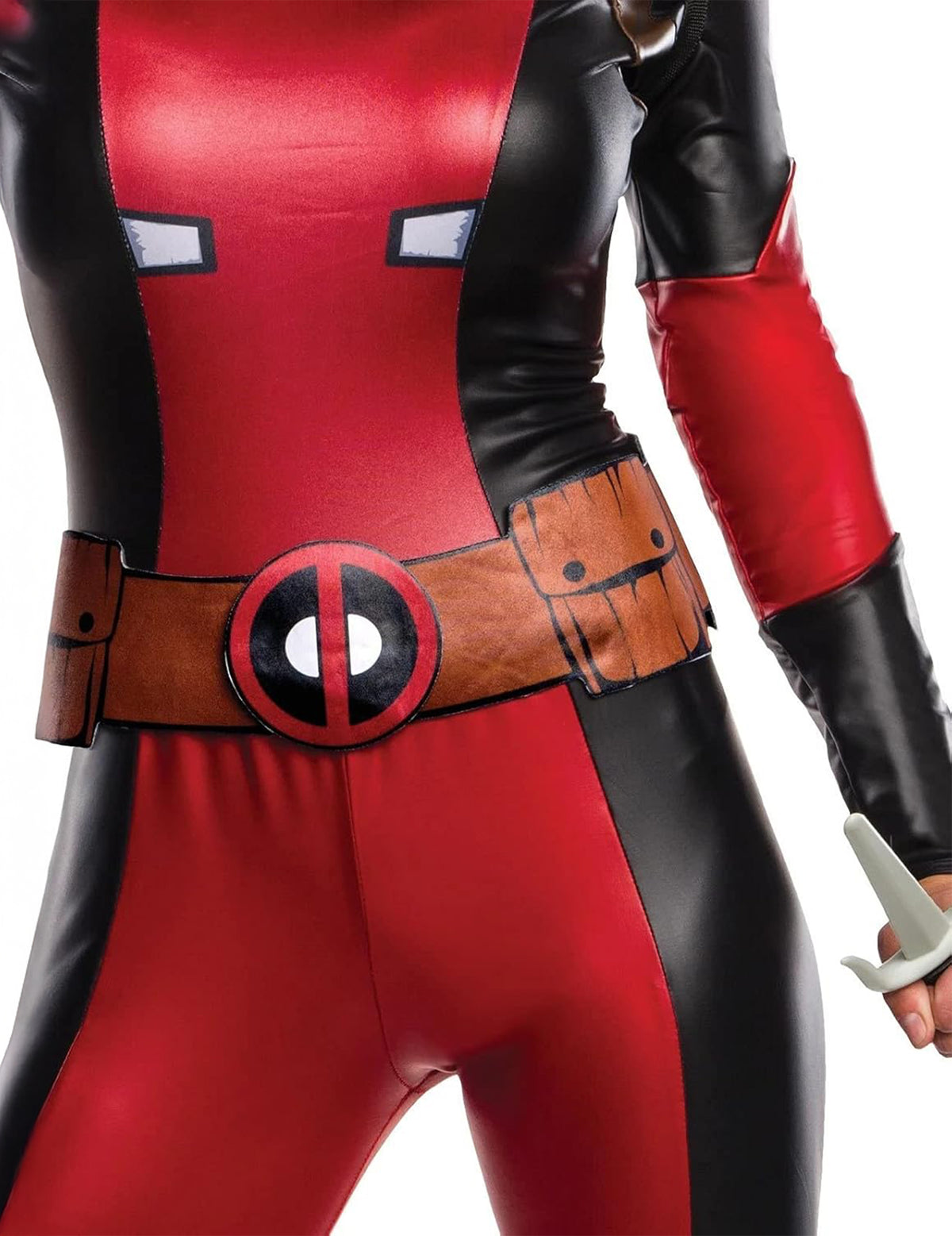 Détail de la ceinture du déguisement sexy Lady Deadpool pour femme