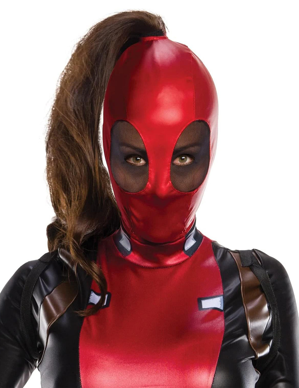 Gros plan sur le masque du déguisement sexy Lady Deadpool