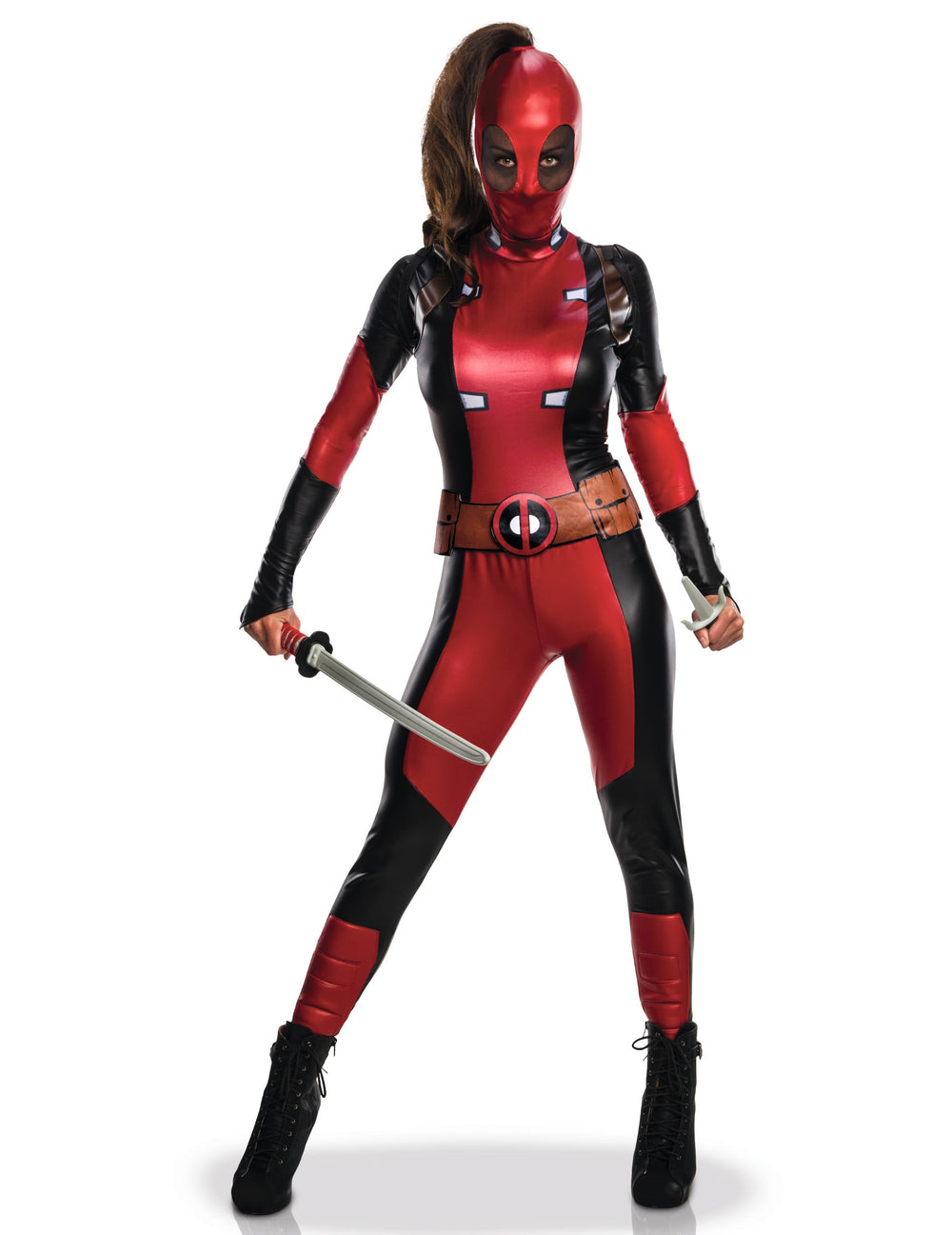 Déguisement sexy Lady Deadpool pour femme rouge et noir brillant avec masque