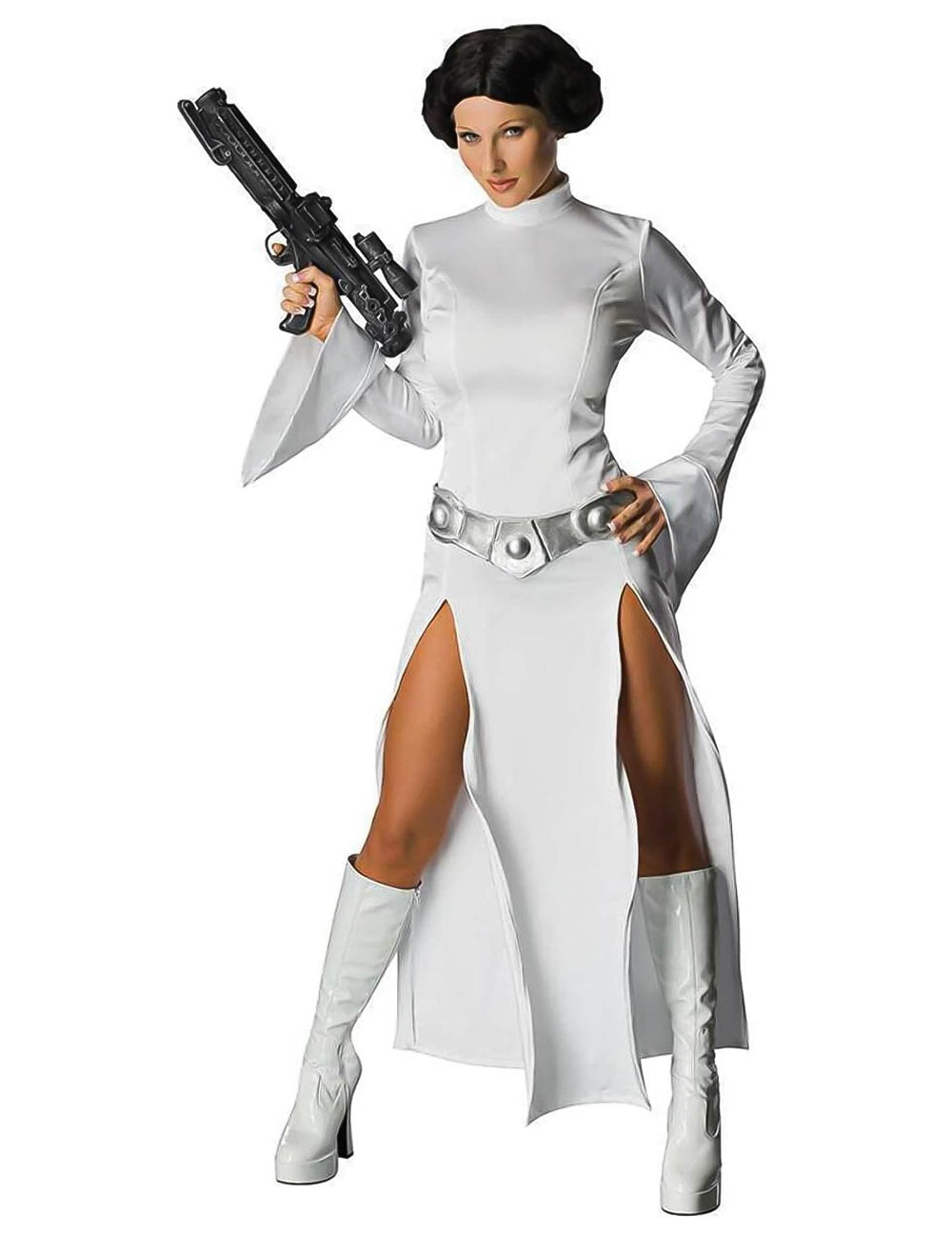 Pohled zepředu s blasterem sexy kostýmu princezny Leiy ze Star Wars