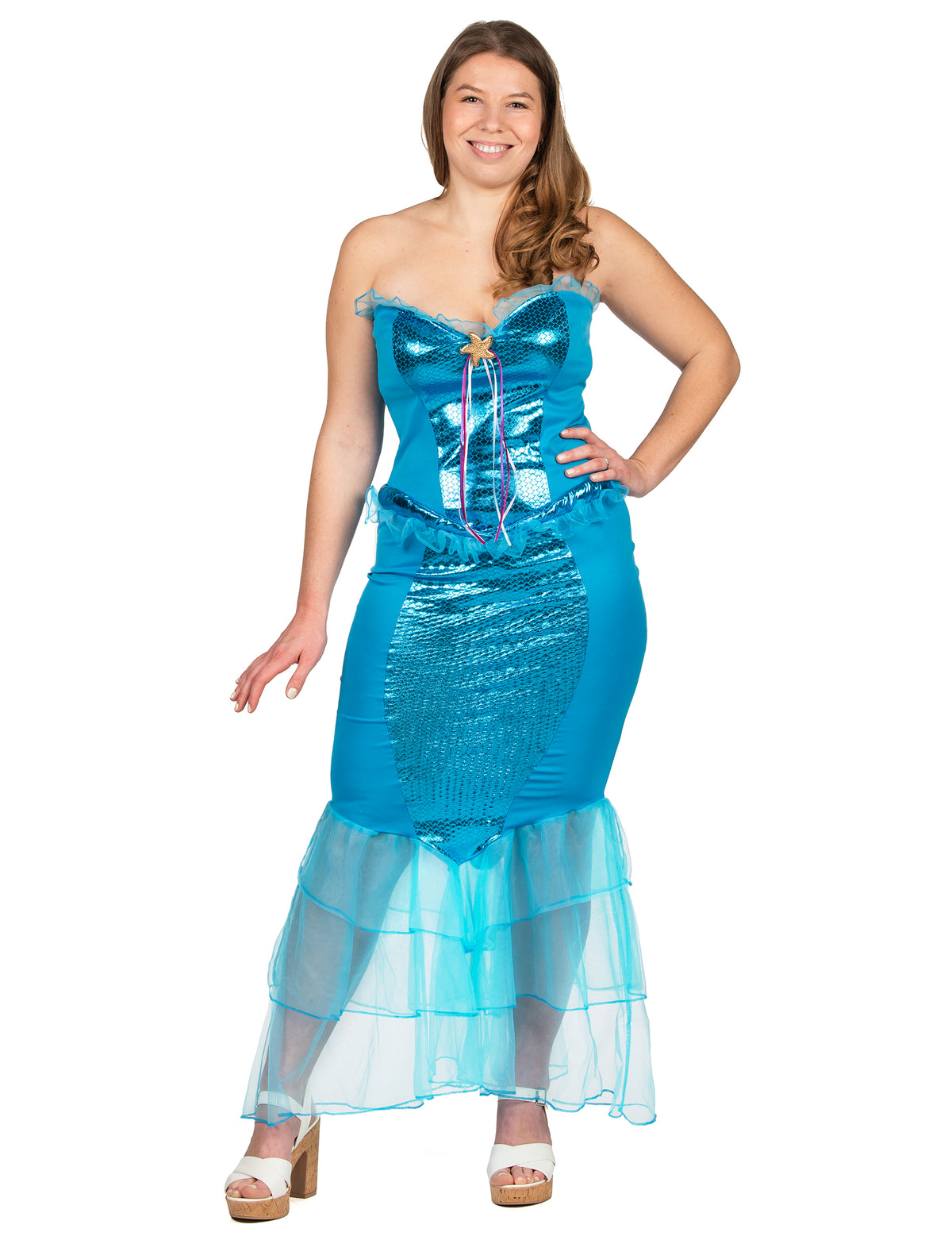 Vue de face du déguisement de sirène à sequins pour femme