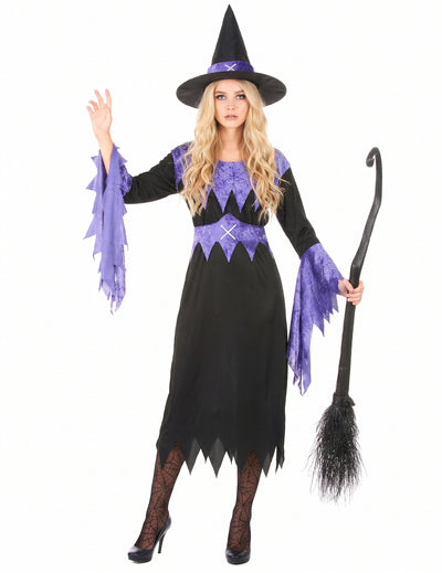 Dámský kostým fialové čarodějnice s kloboukem na Halloween