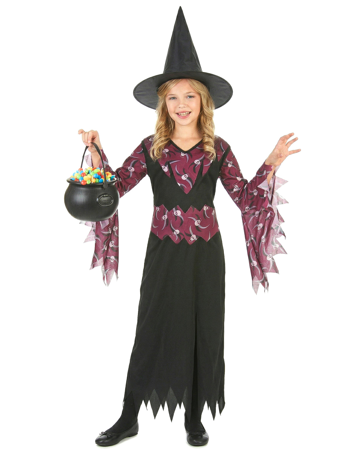Déguisement de sorcière avec chapeau pour fille noir et bordeaux avec motifs