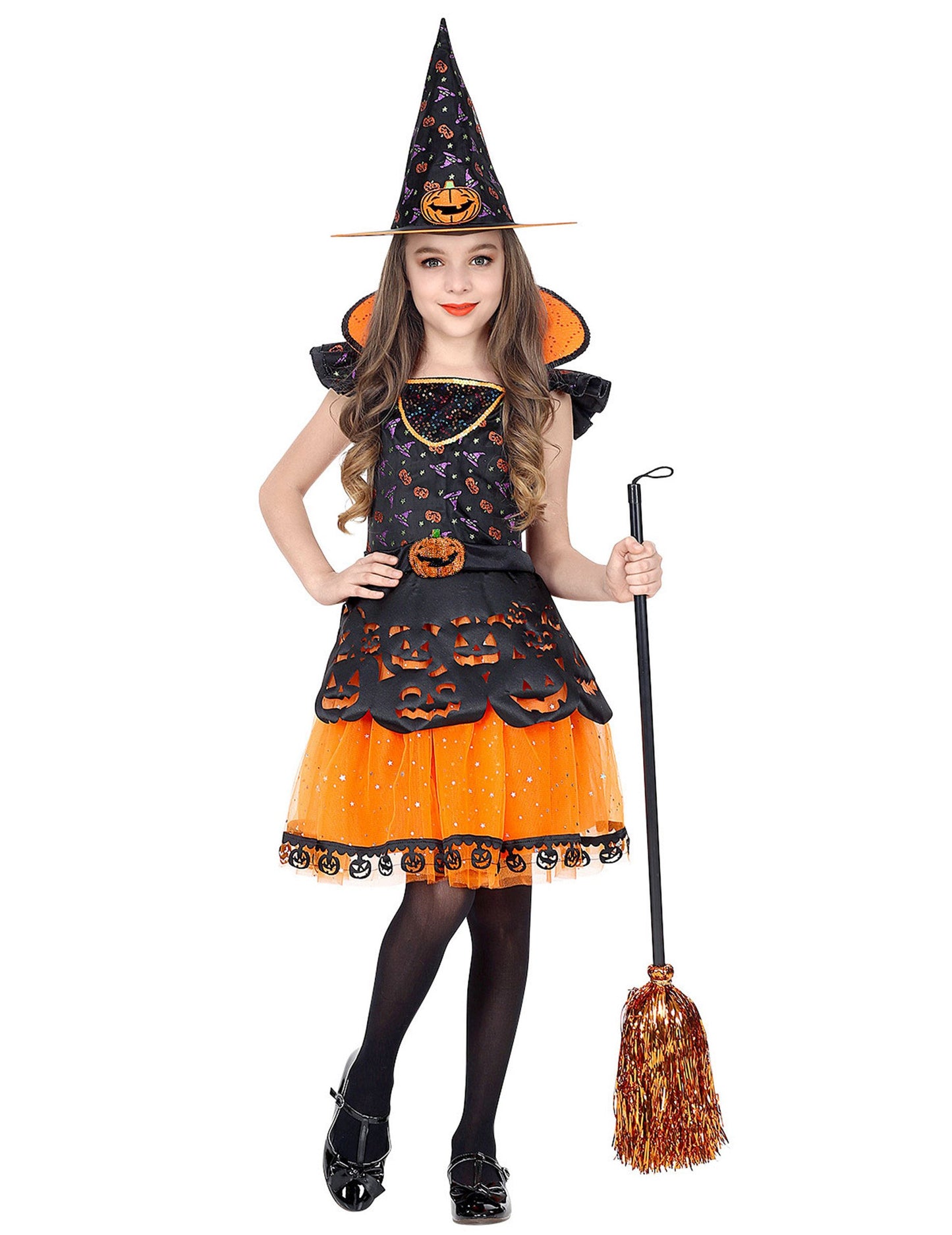 Déguisement de sorcière citrouille pour fille noir et orange avec chapeau pointu et balai