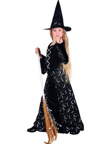 Dívčí kostým čarodějnice ve tvaru půlměsíce na Halloween