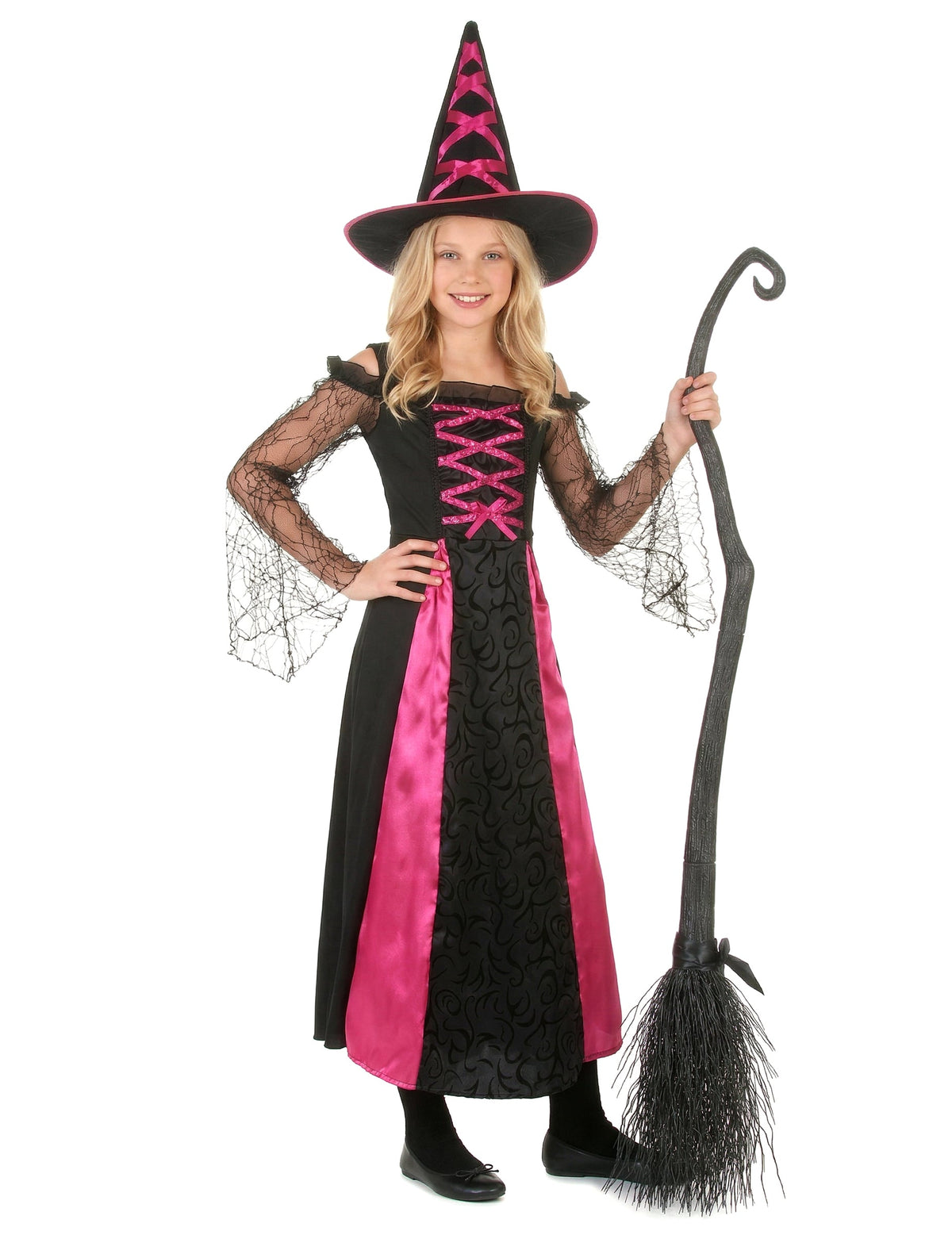 Vue de face avec chapeau et balai du déguisement de sorcière dentelé Halloween