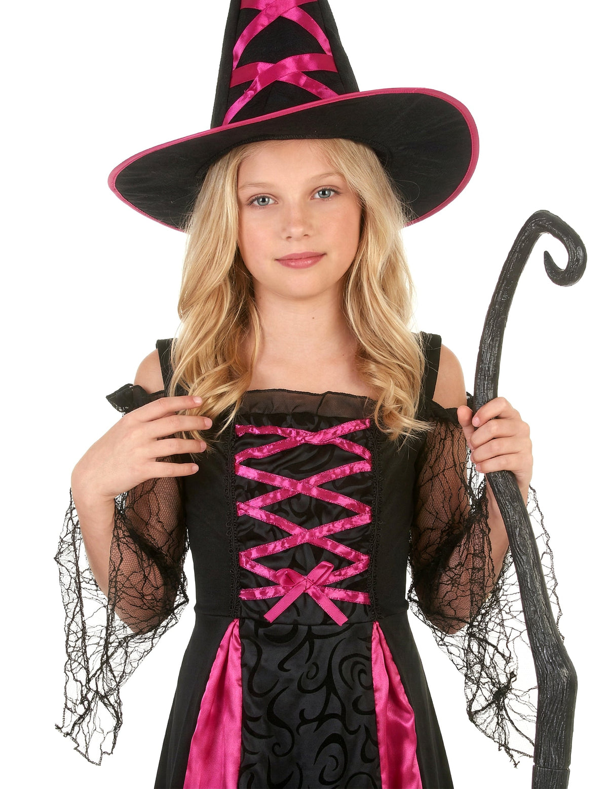 Gros plan sur le buste et le chapeau du déguisement de sorcière dentelé Halloween