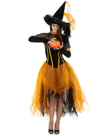 Dámský halloweenský kostým čarodějnice v oranžové krajce