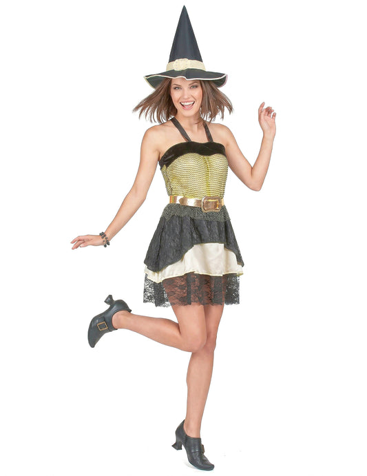 Dámský halloweenský kostým čarodějnice ve zlaté barvě