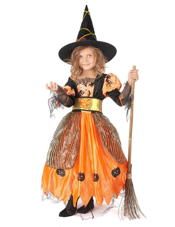 Dívčí oranžový kostým čarodějnice pro Halloween