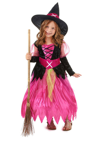 Dívčí růžový čarodějnický kostým pro Halloween