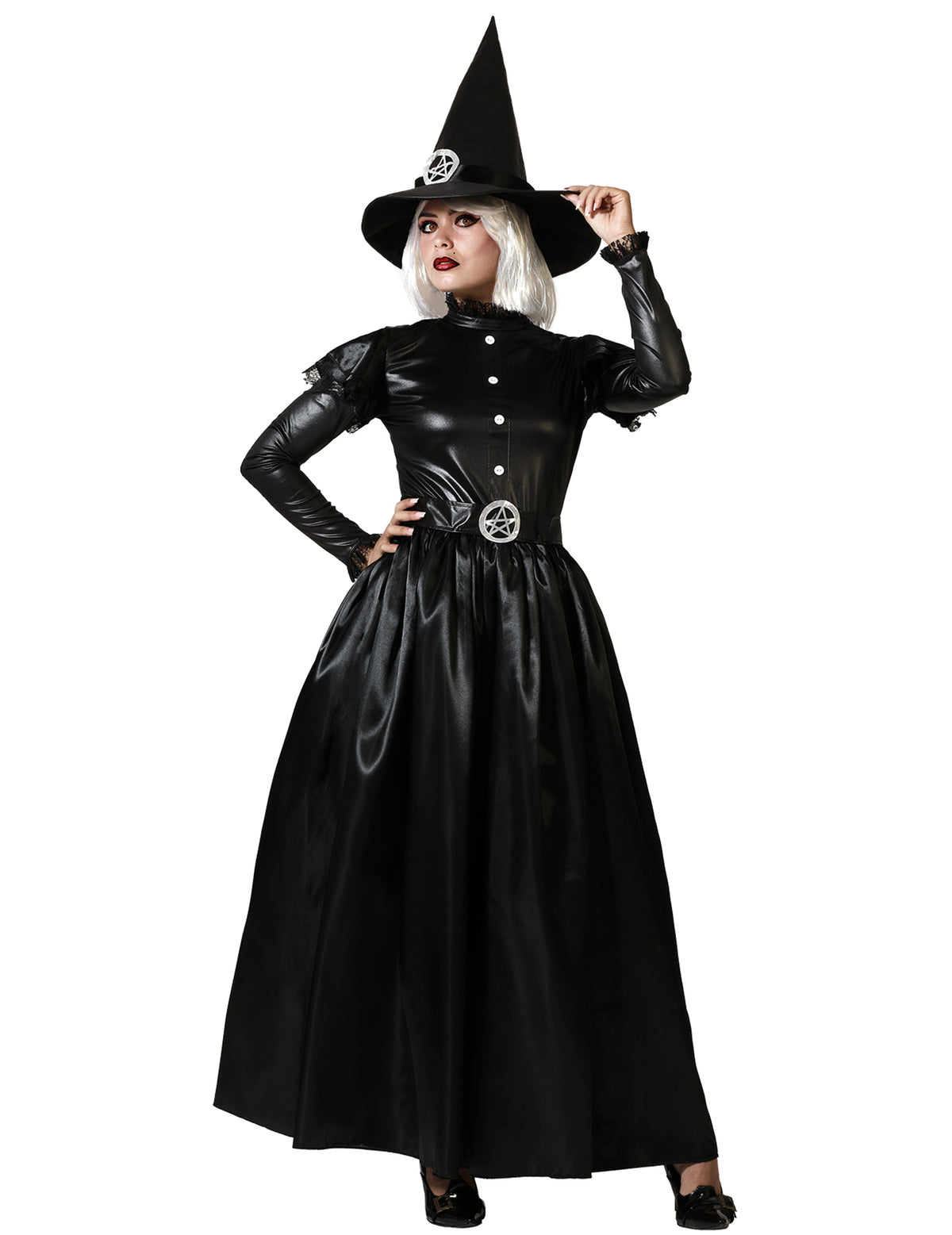 Déguisement sorcière gothique pour femme noire avec chapeau pointu et pentagramme