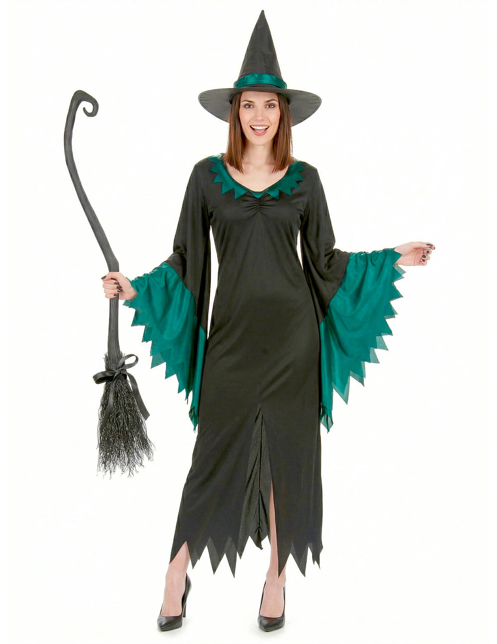 Déguisement de sorcière longue pour femme noir et vert avec chapeau pointu