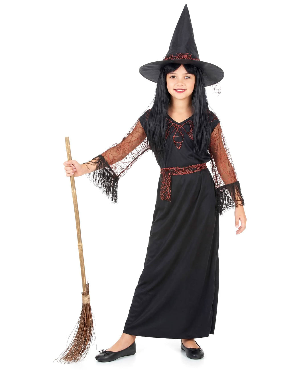 Kostým čarodějnice halloween pro dívka černá s oranžová pavučinami a špičatým kloboukem